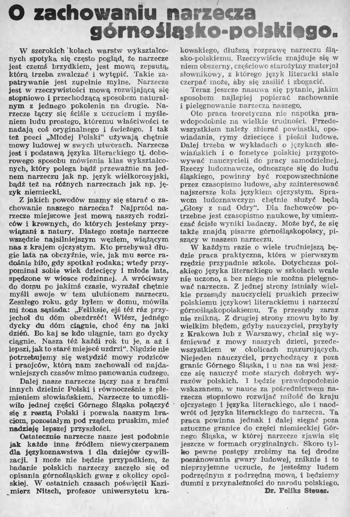 Pierwotny tekst rozprawki 'O zachowaniu narzecza górnośląsko-polskiego' Feliksa Steuera na stronie czasopisma.